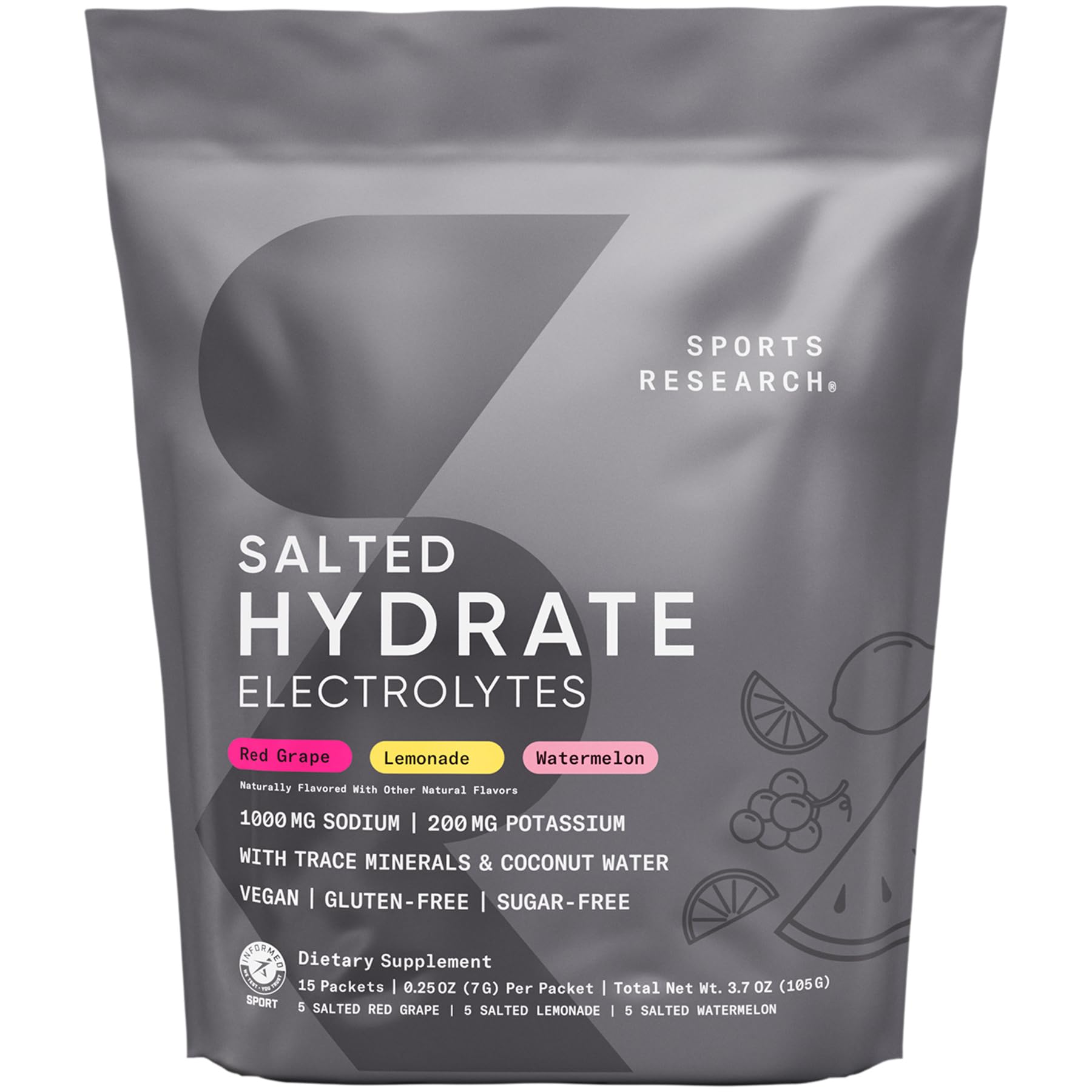 Sports Research envase frontal y caja que destaca sobres individuales y beneficios