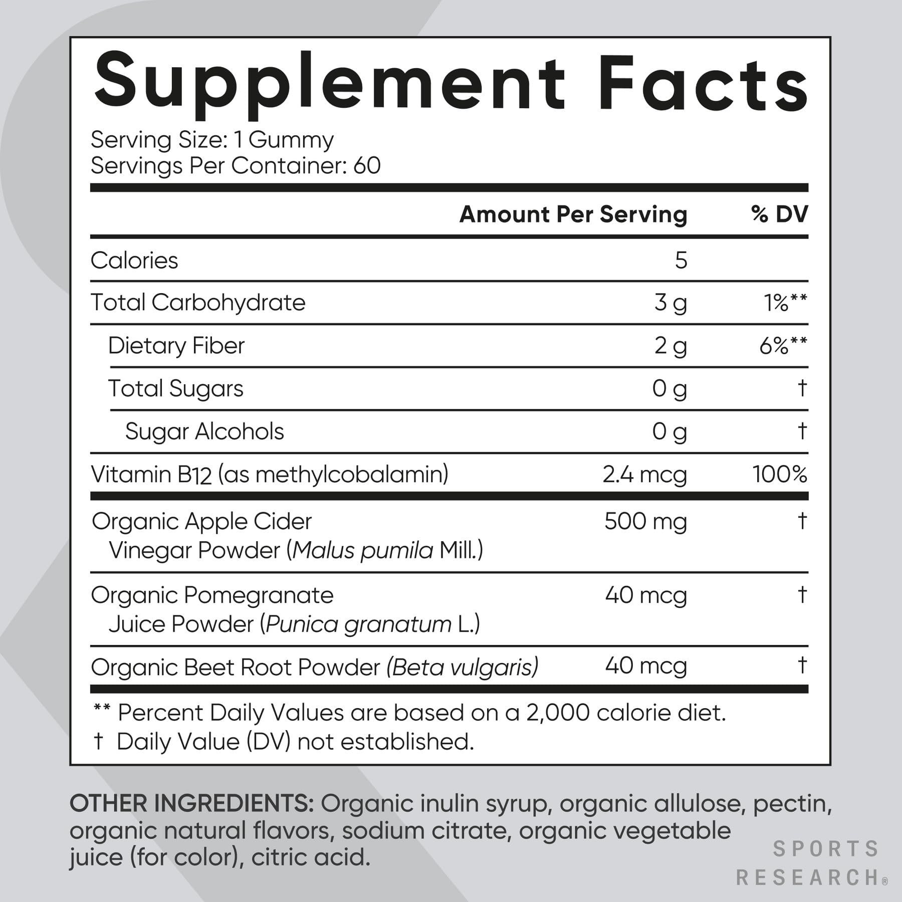 Sports Research etiqueta con certificaciones orgánico y vegano visibles y claras