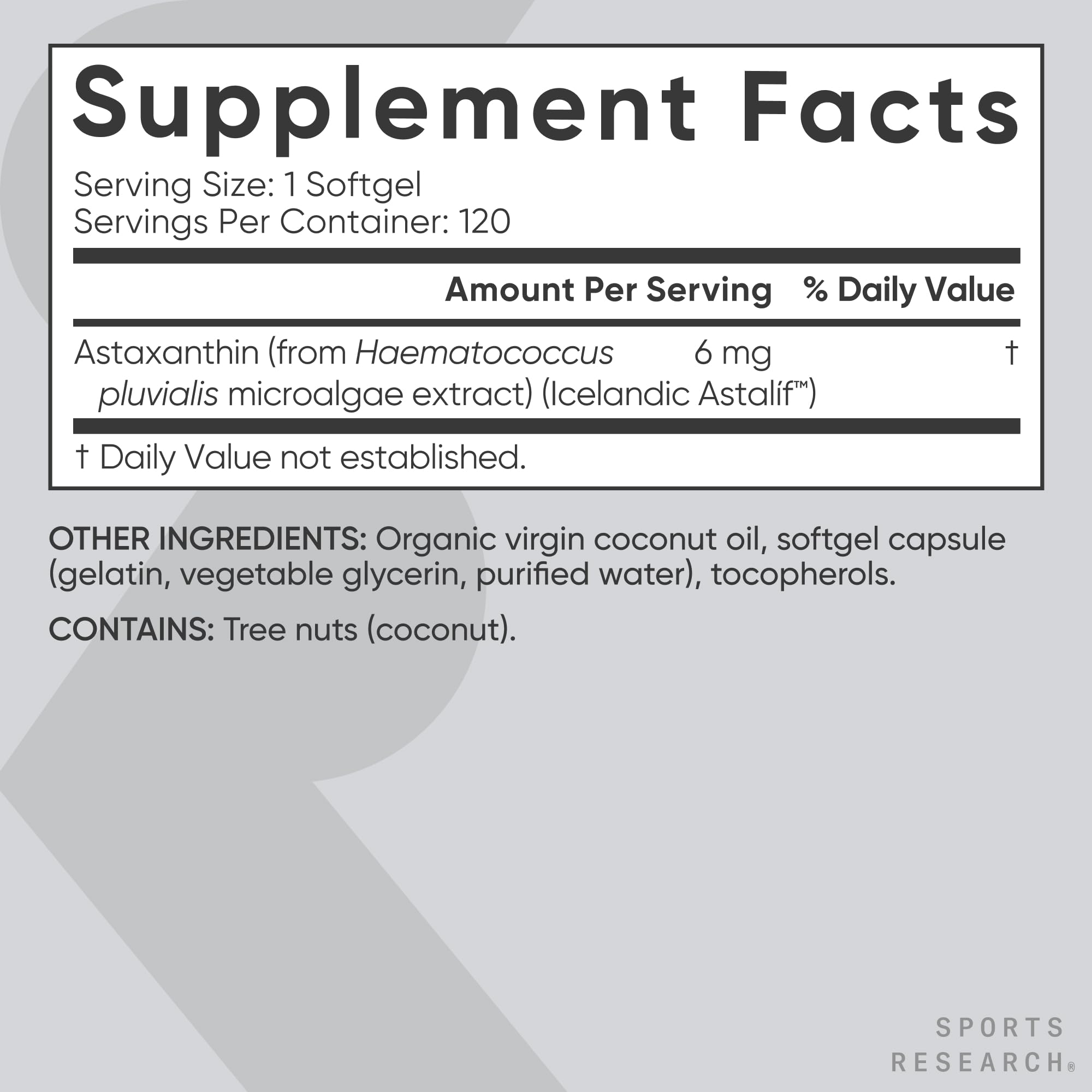 Sports Research etiqueta con ingredientes y pruebas de calidad visibles