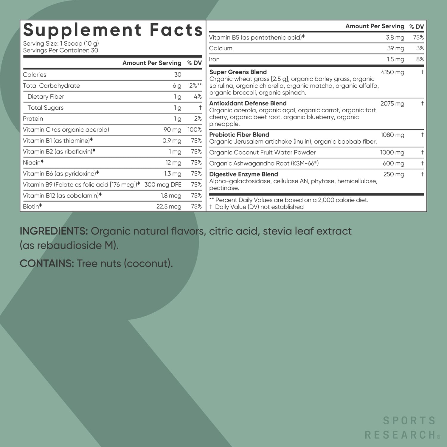 Sports Research etiqueta nutricional resaltando vitaminas B y contenido orgánico