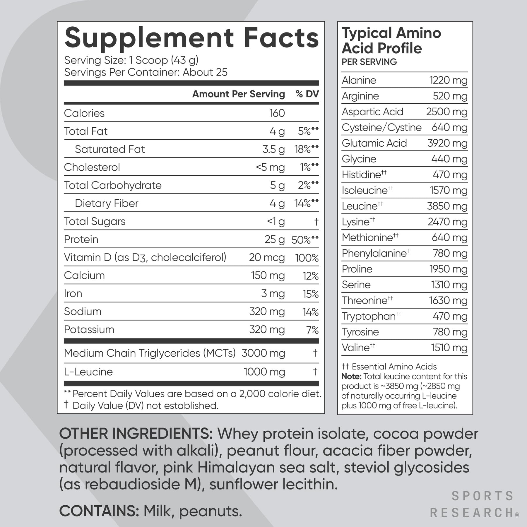 Sports Research etiqueta nutricional detalle con BCAA y calorías