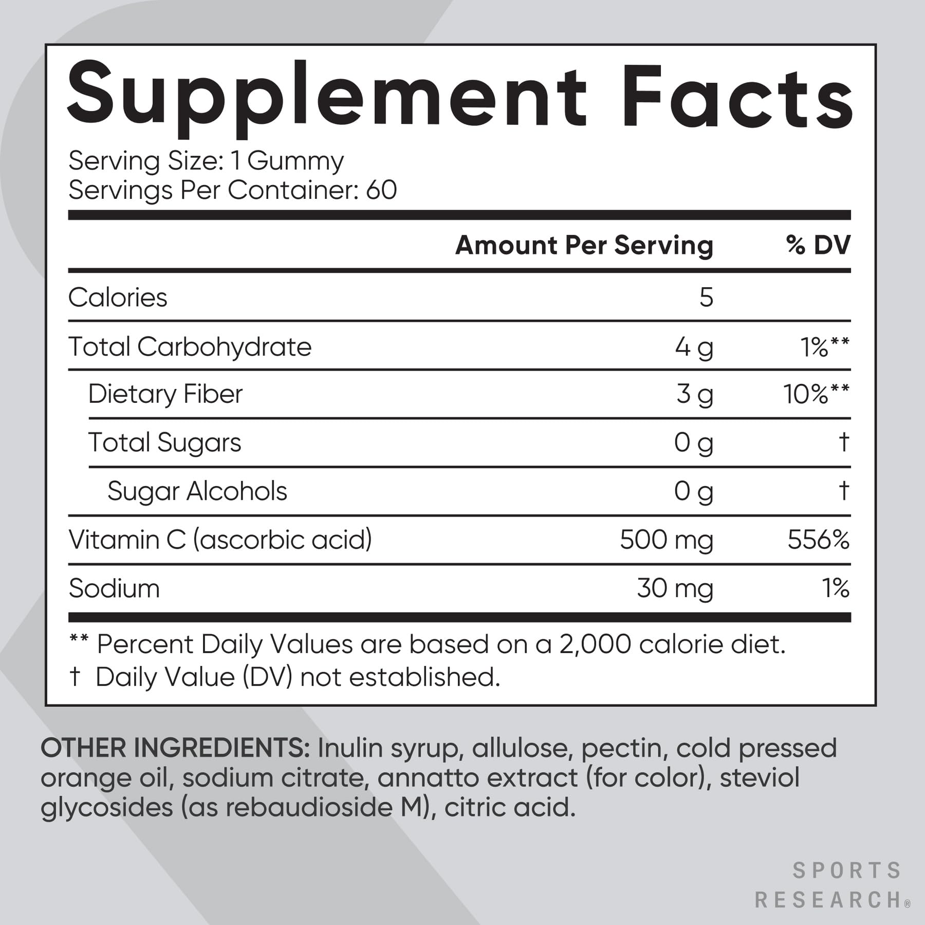 Etiqueta nutricional Sports Research con información clara de 500 mg por gomita