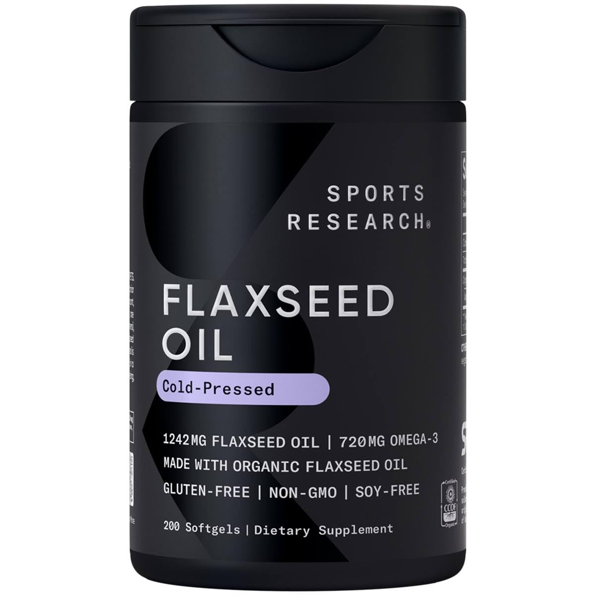 Sports Research frasco frontal con 200 softgels mostrando tamaño y marca
