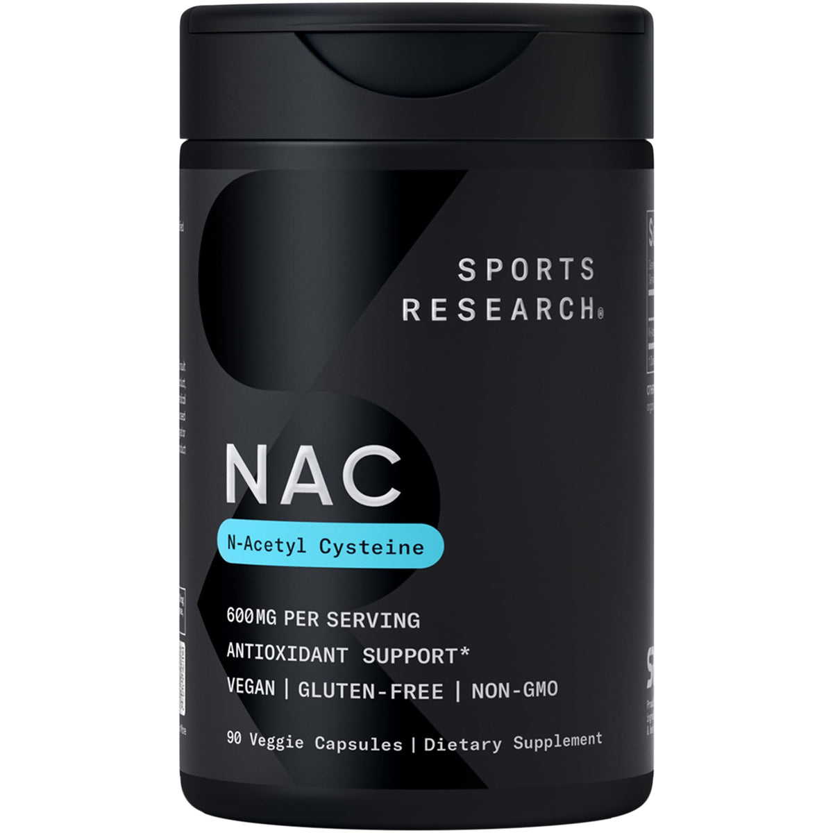 Sports Research frasco frontal NAC 600 mg mostrando etiqueta clara y beneficios