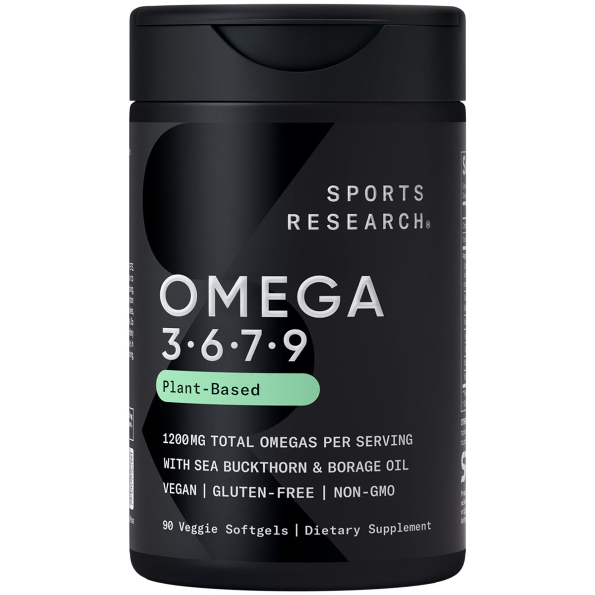 Sports Research frasco frontal mostrando 90 Plantgels y beneficios veganos