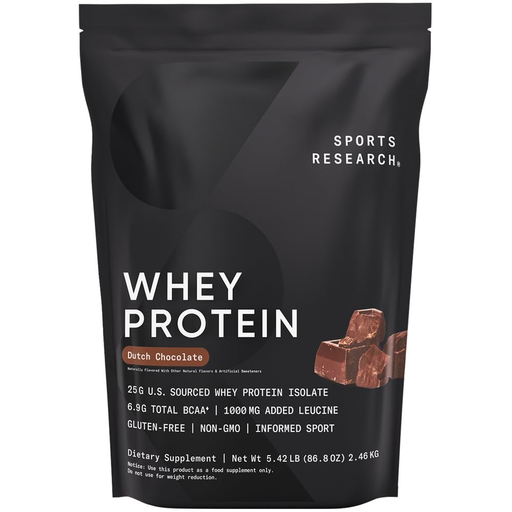 Sports Research empaque frontal mostrando 5.42 lb y sabor chocolate holandés, fácil identificación