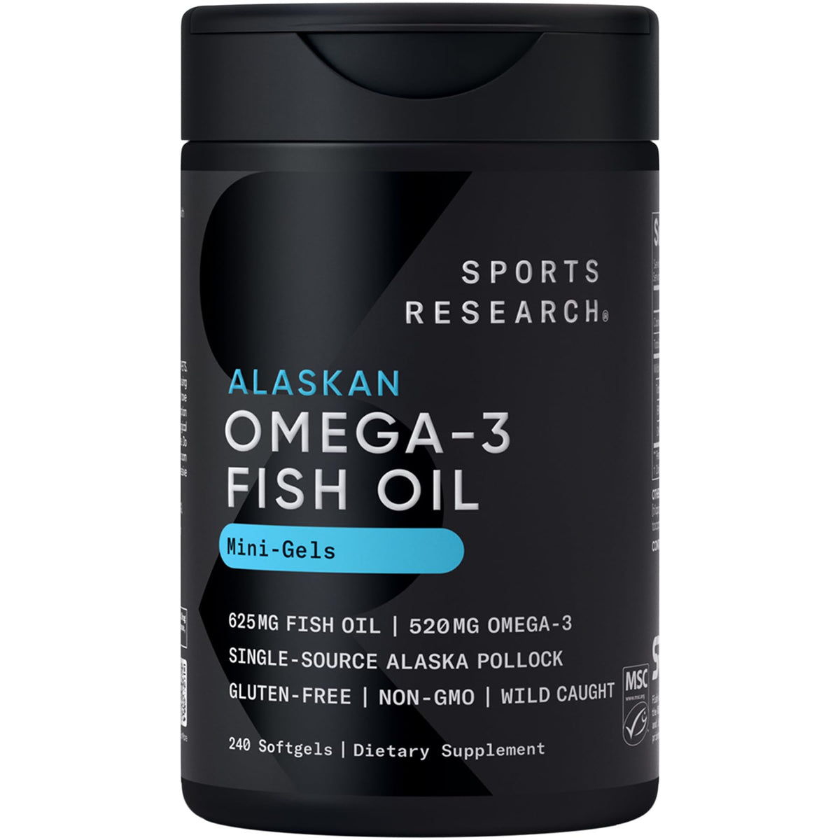 Sports Research frente del envase mostrando 240 mini softgels y beneficios