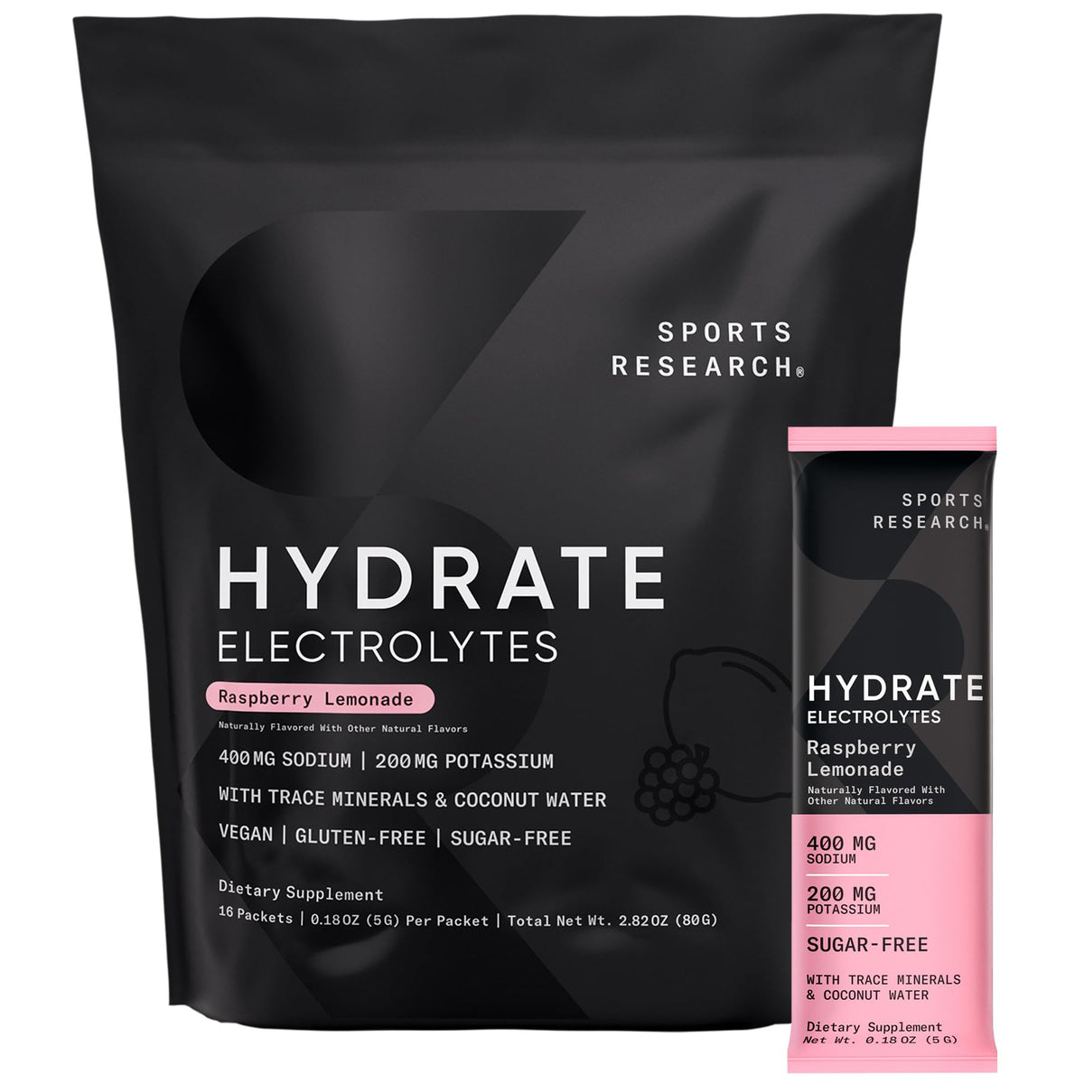 Sports Research envase frontal Raspberry Lemonade mostrando beneficio practicidad