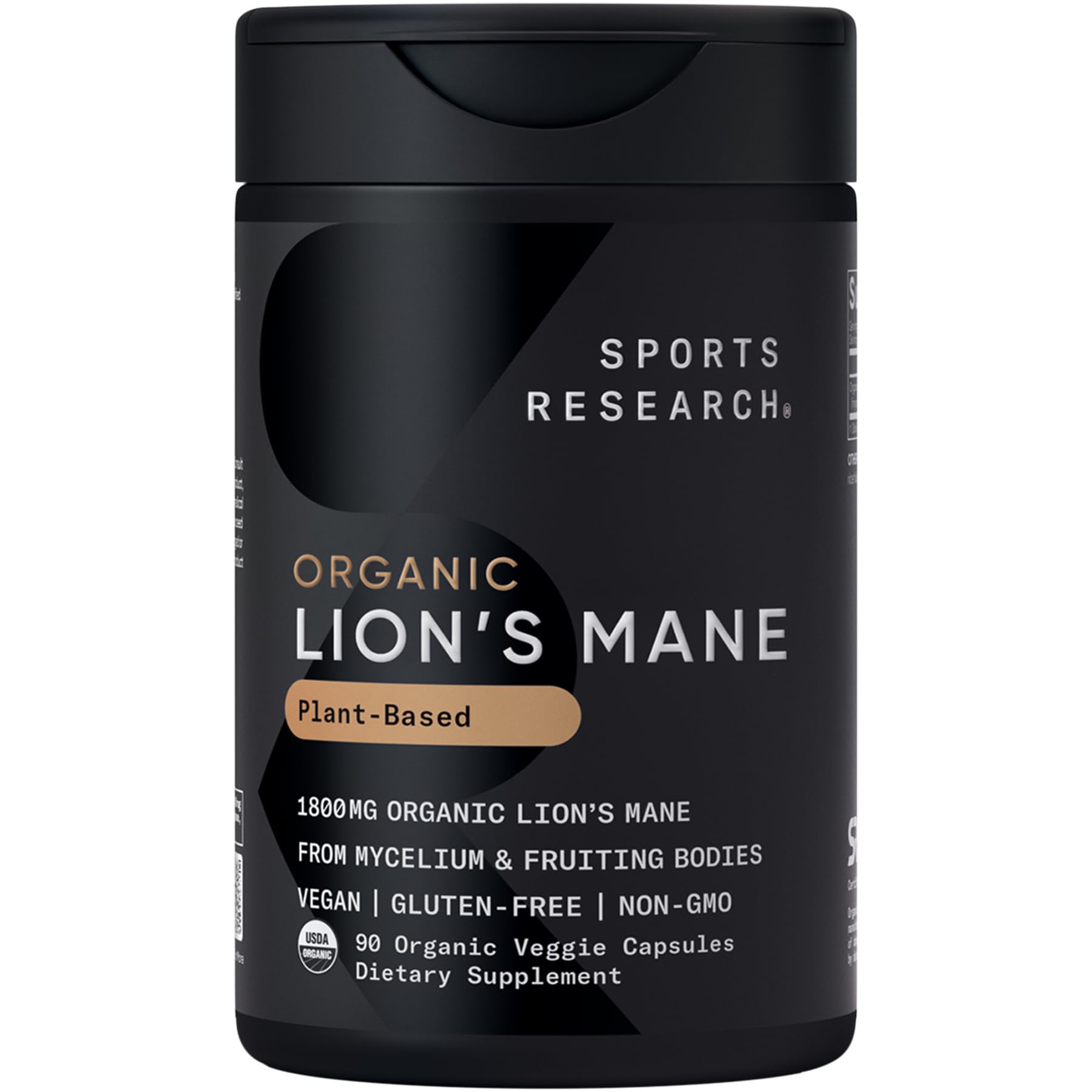 Sports Research envase frontal de Organic Lion's Mane 1800 mg, información clara y confiable