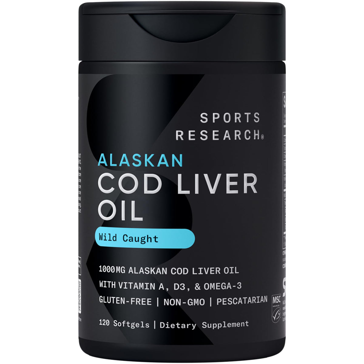 Sports Research frontal del envase mostrando beneficios y cantidad de softgels