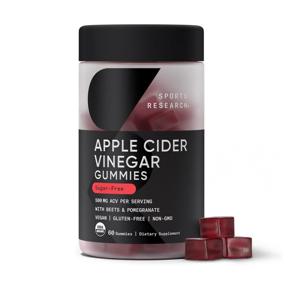 Sports Research frente del envase mostrando gomitas ACV y beneficios claros