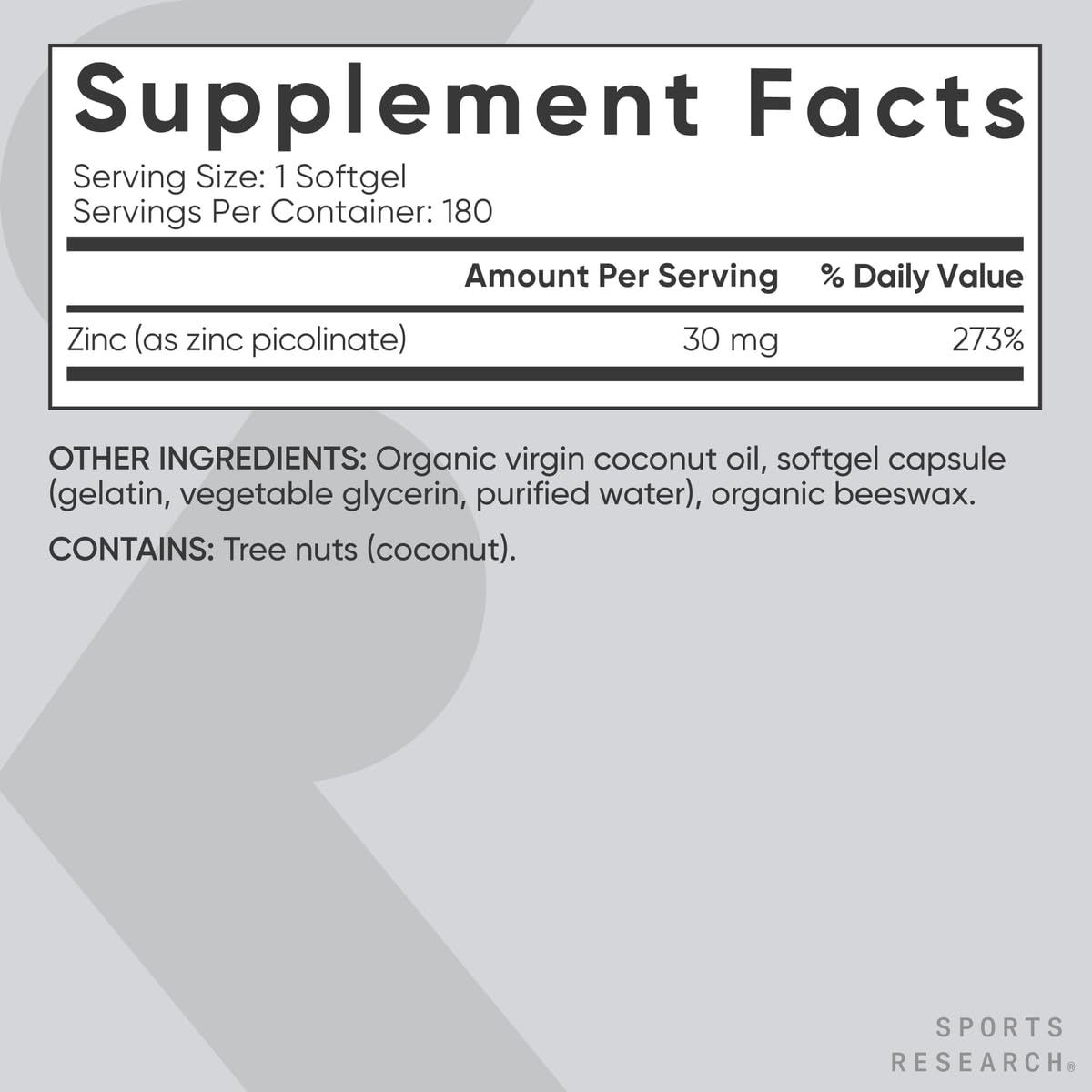 Ingredientes Sports Research con aceite de coco orgánico resaltado como vehículo natural