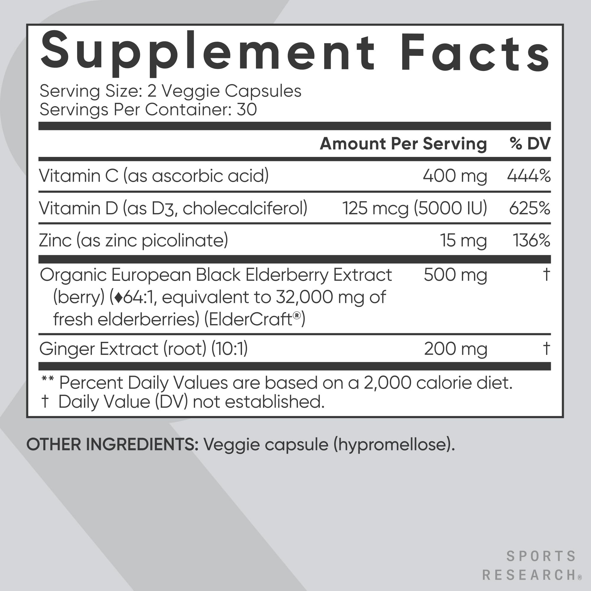 Sports Research etiqueta con ElderCraft 65:1 y detalles de ingredientes clave