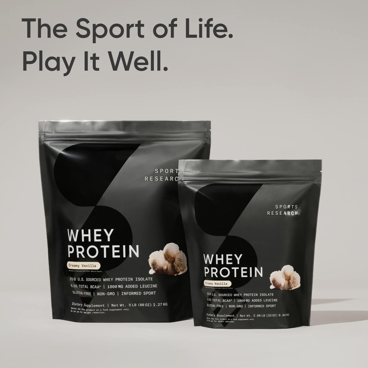Sports Research etiqueta nutricional destacando proteína, BCAA y vitamina D