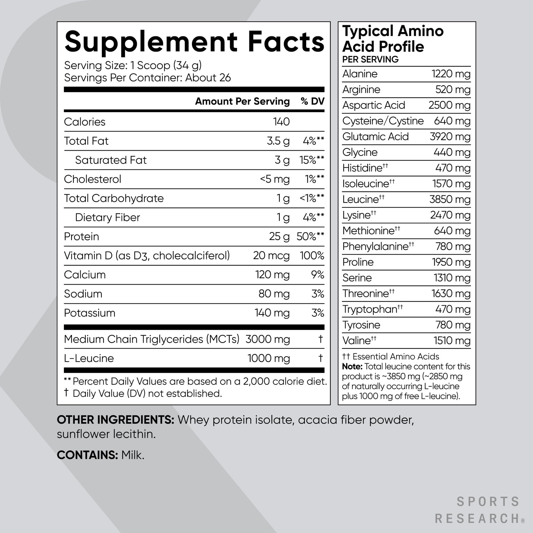 Sports Research etiqueta de ingredientes, destaca sin sabores ni gomas