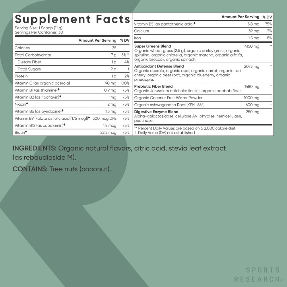 Ingredientes orgánicos sobre mesa destacando frutas y algas de Sports Research