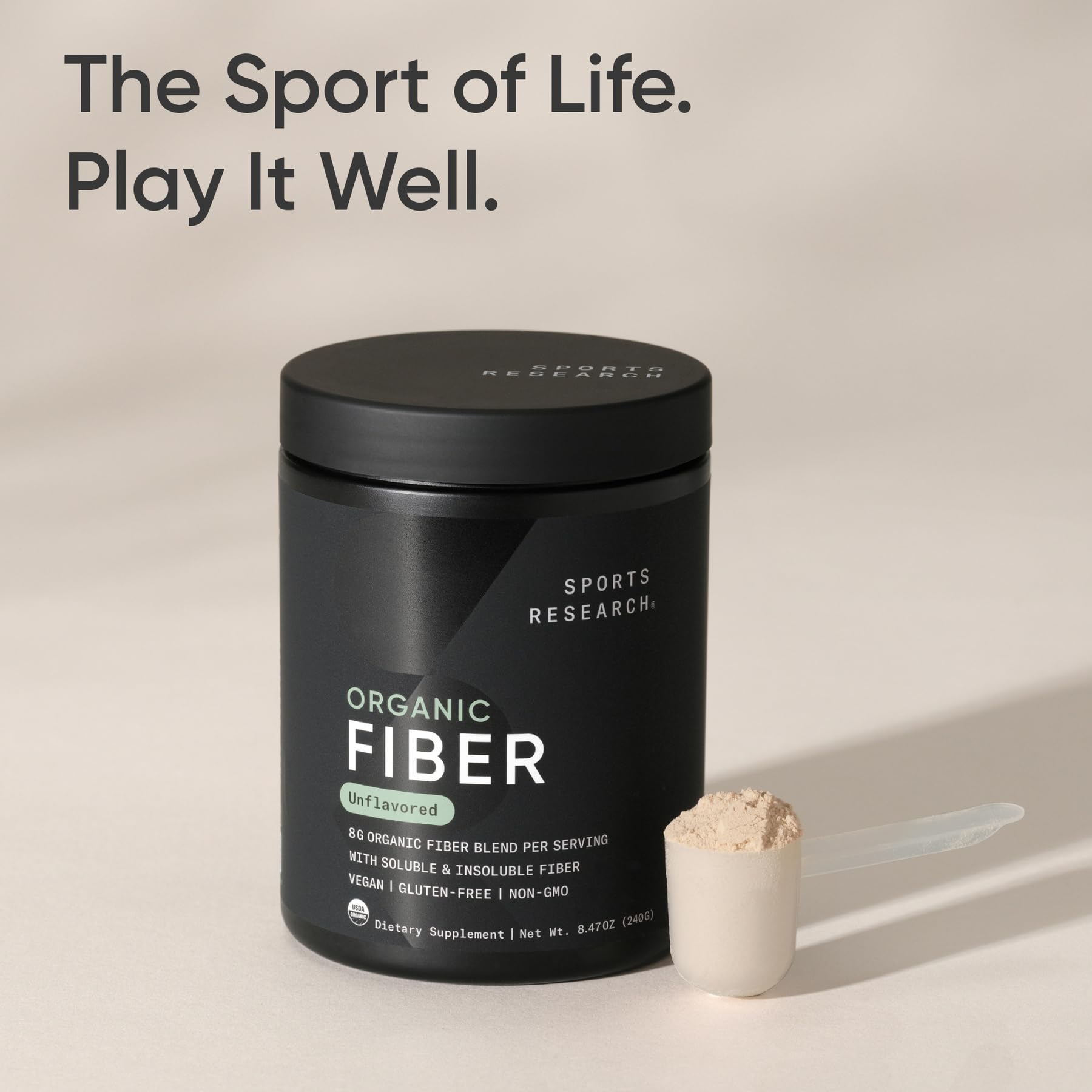 Sports Research close-up de psyllium, baobab e inulina que evidencia origen vegetal