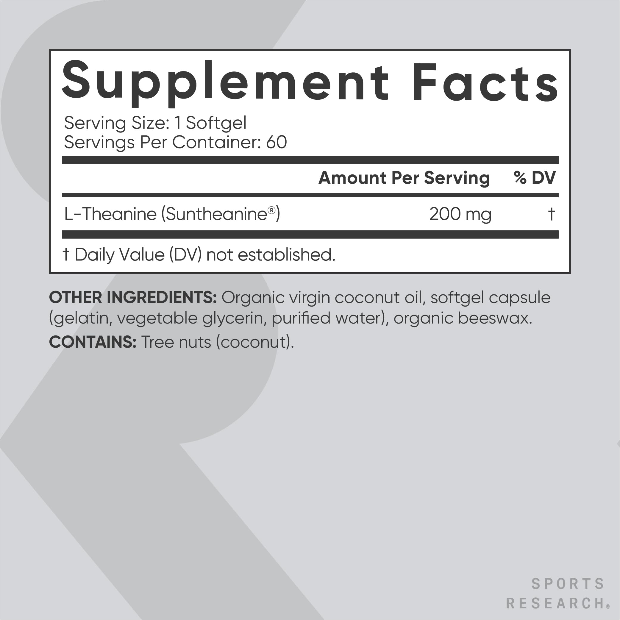 Sports Research Suntheanine en cápsula señalando forma patentada y beneficio