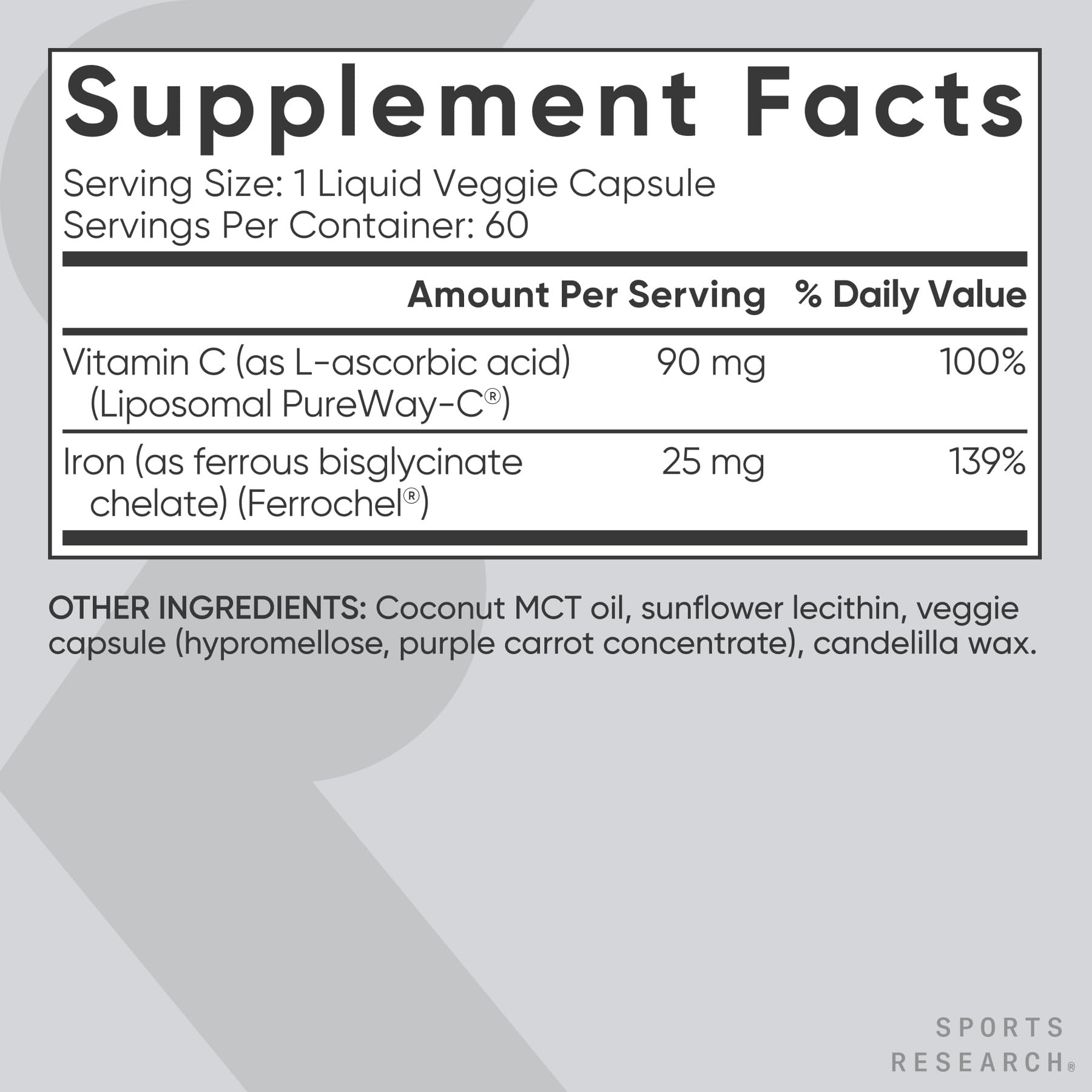 Sports Research etiqueta con ingredientes Ferrochel y PureWay-C visibles