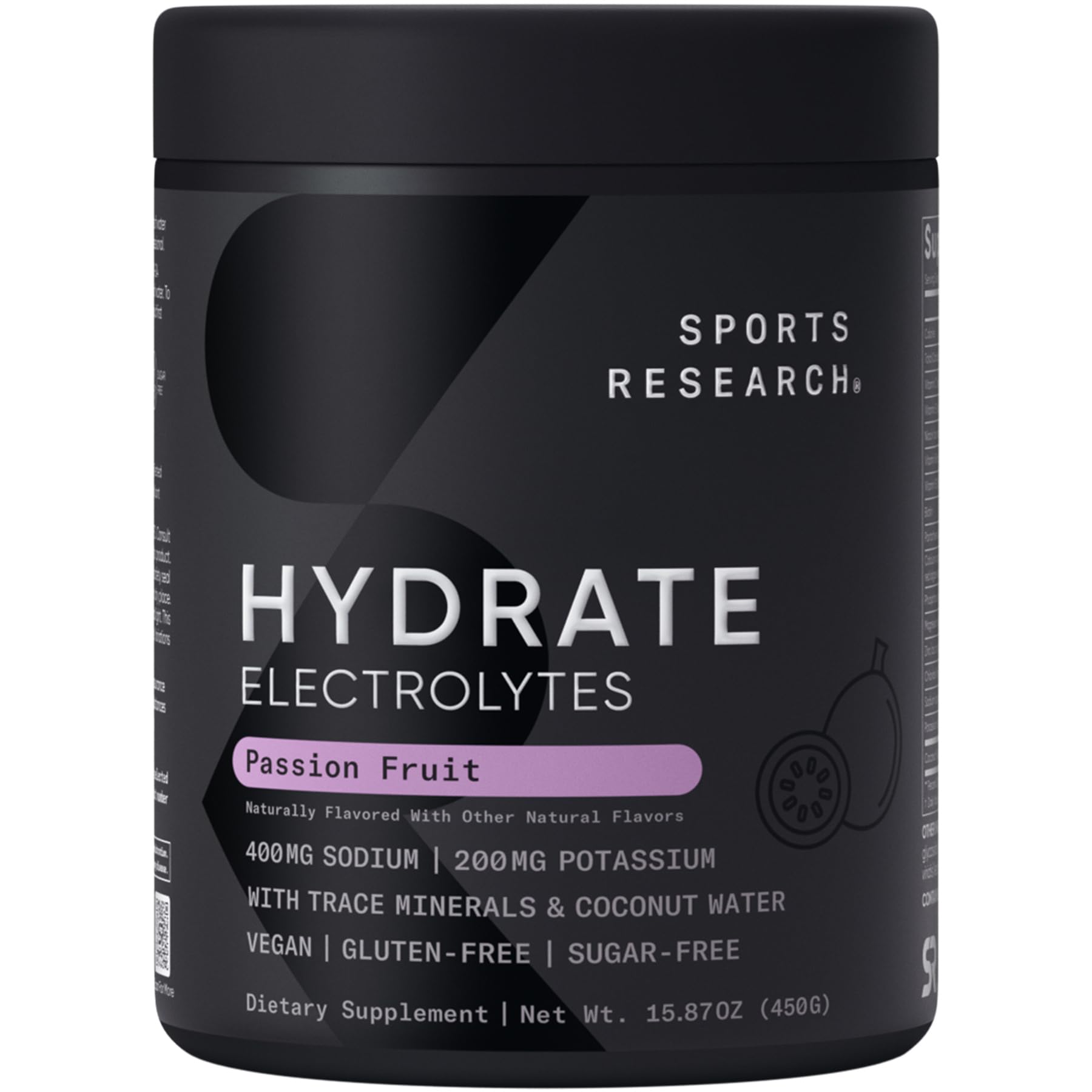 Sports Research envase frontal mostrando sabor Passion Fruit y conveniencia
