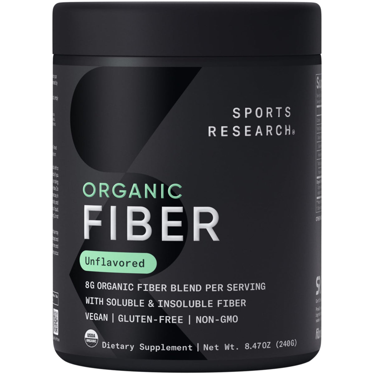 Sports Research empaque frontal mostrando 30 servicios y beneficios orgánicos