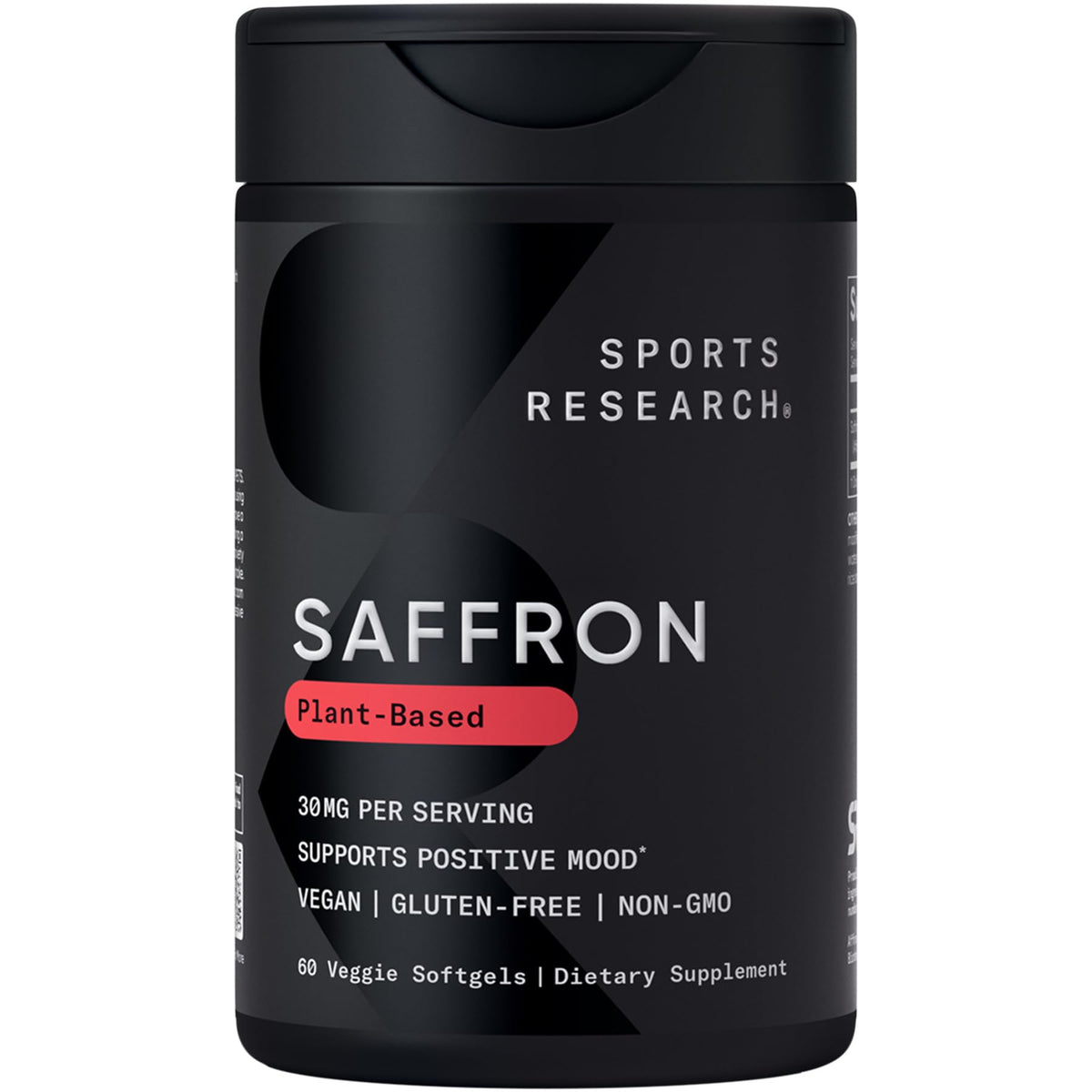 Sports Research botella frontal que muestra Pure Saffron 60 Plantgels, soporte de ánimo