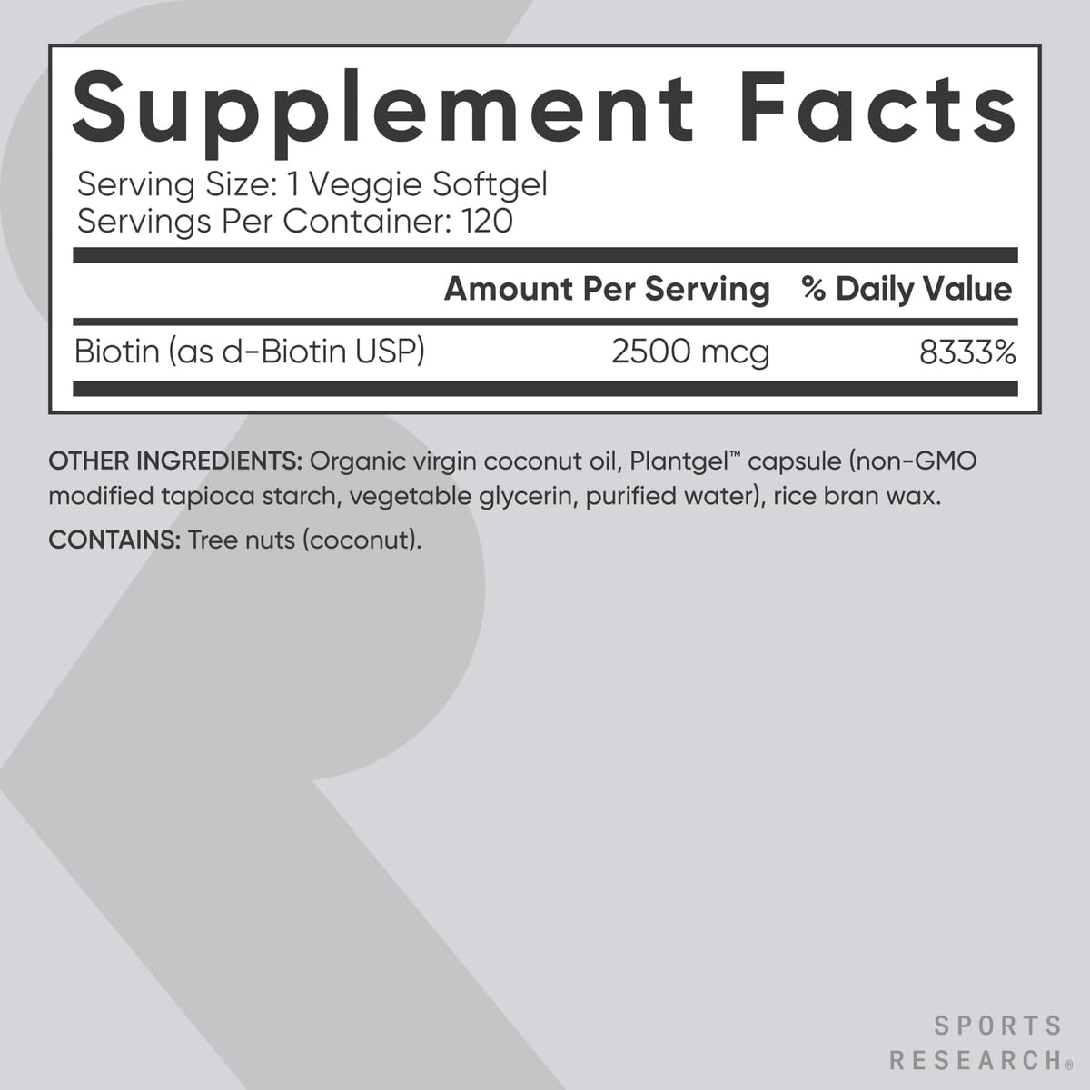 Sports Research rótulo nutricional legible con información de biotina