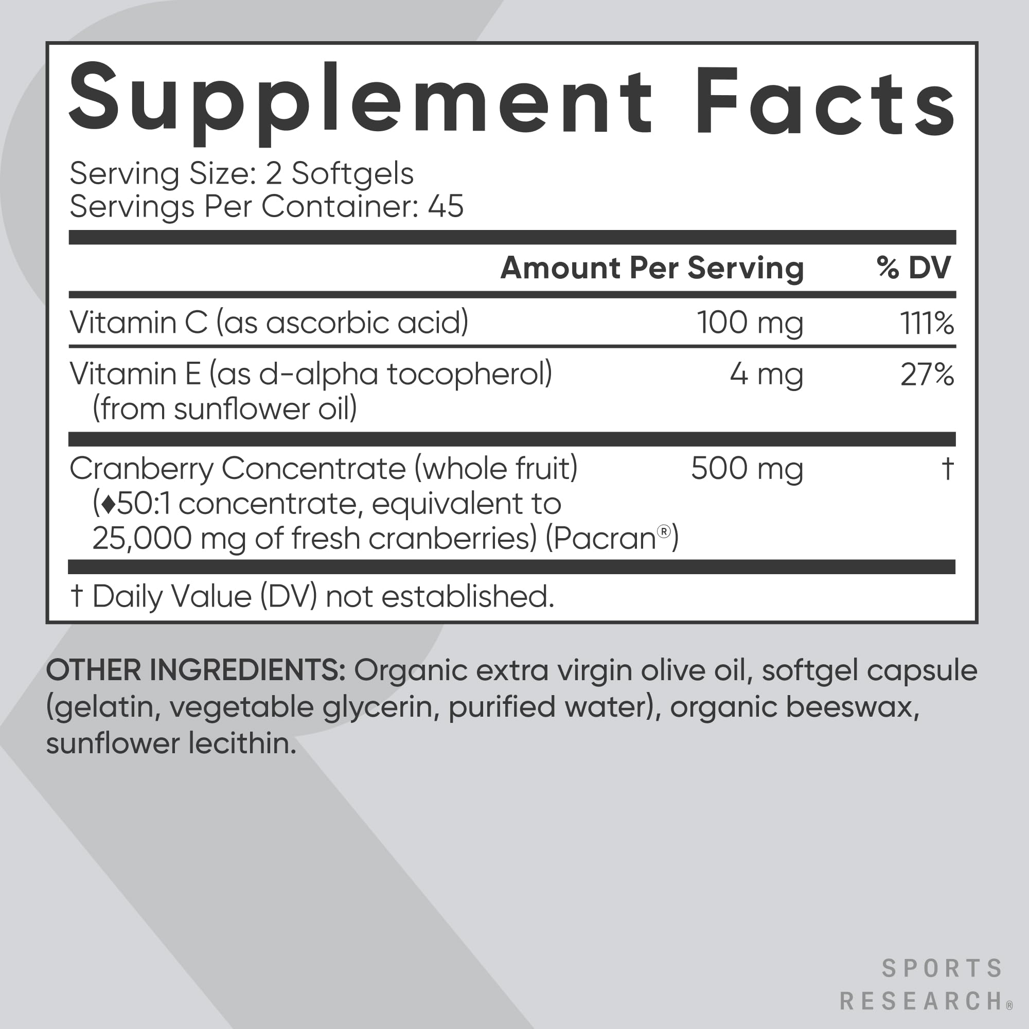 Sports Research rótulo con lista de ingredientes y beneficios claros