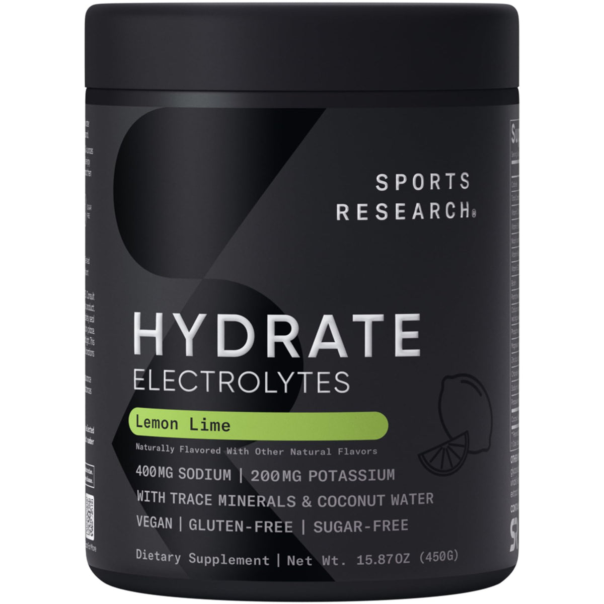 Sports Research tarro frontal Lemon Lime mostrando etiqueta y beneficios
