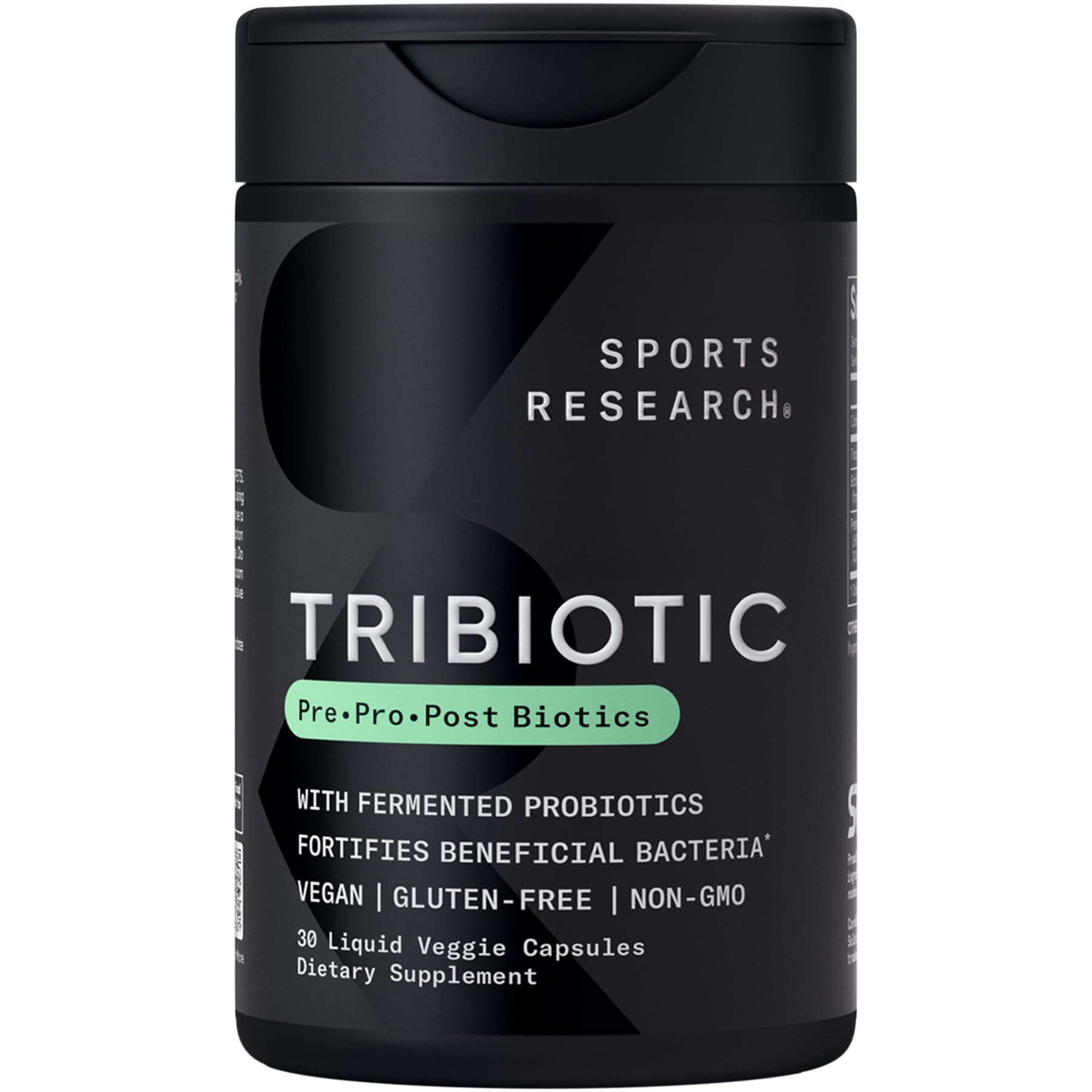 Sports Research envase frontal mostrando la fórmula tribiotic y beneficios
