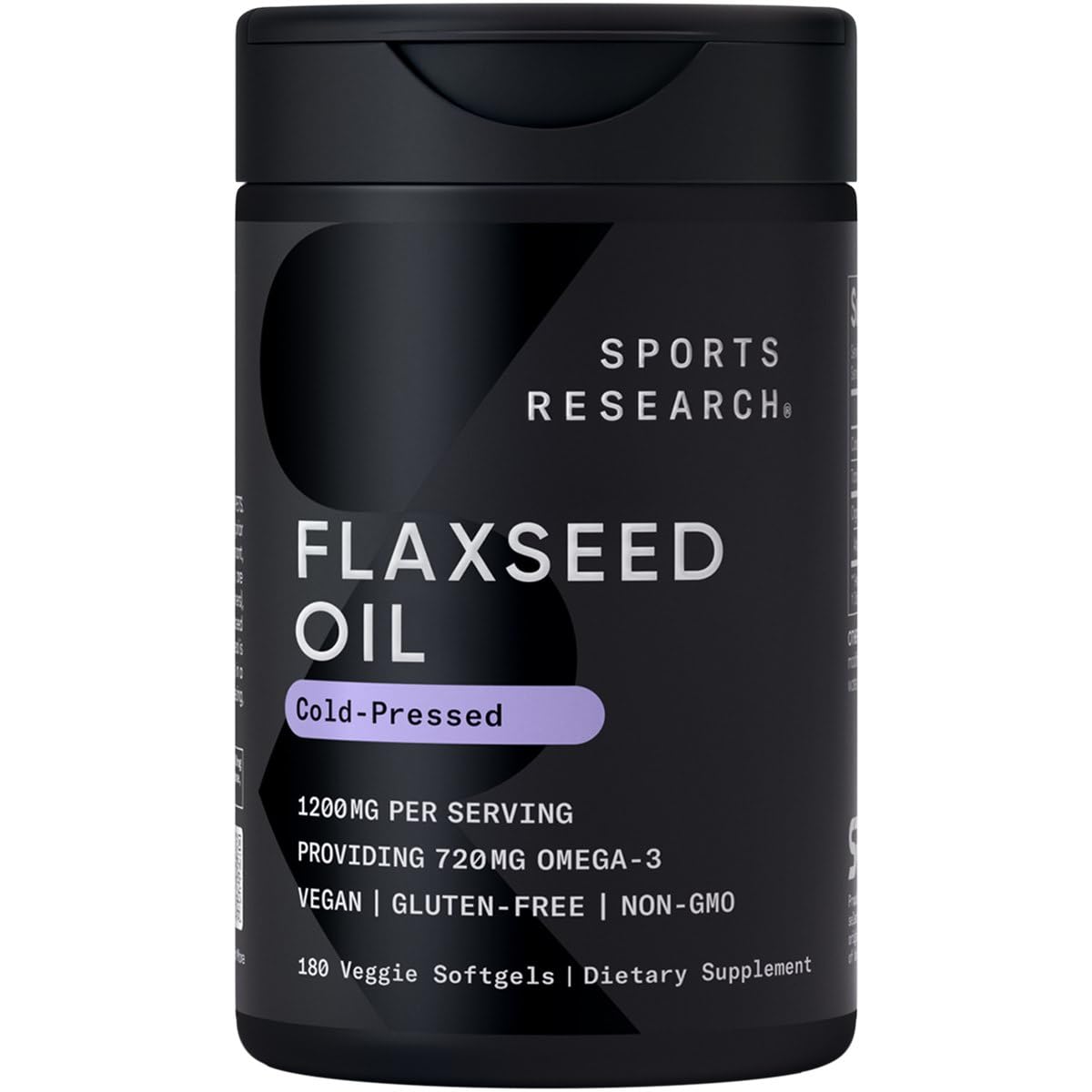 Sports Research envase frontal del aceite de linaza vegano mostrando 180 plantgels y beneficio vegano