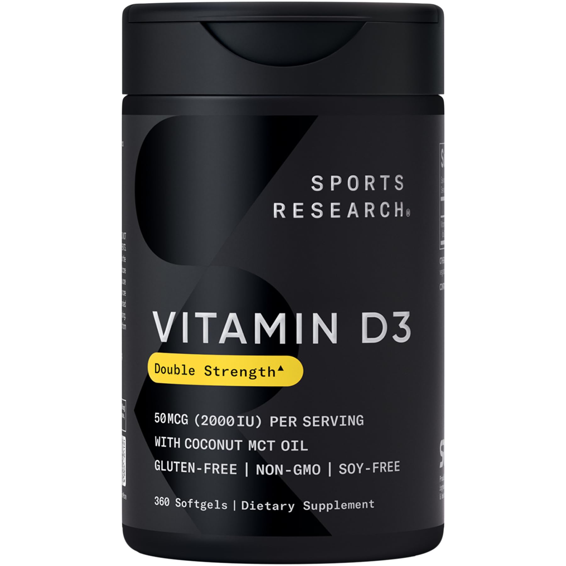 Sports Research frasco frontal mostrando 360 softgels y beneficio de conveniencia