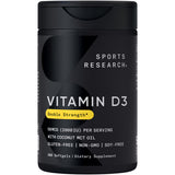 Sports Research frasco frontal mostrando 360 softgels y beneficio de conveniencia