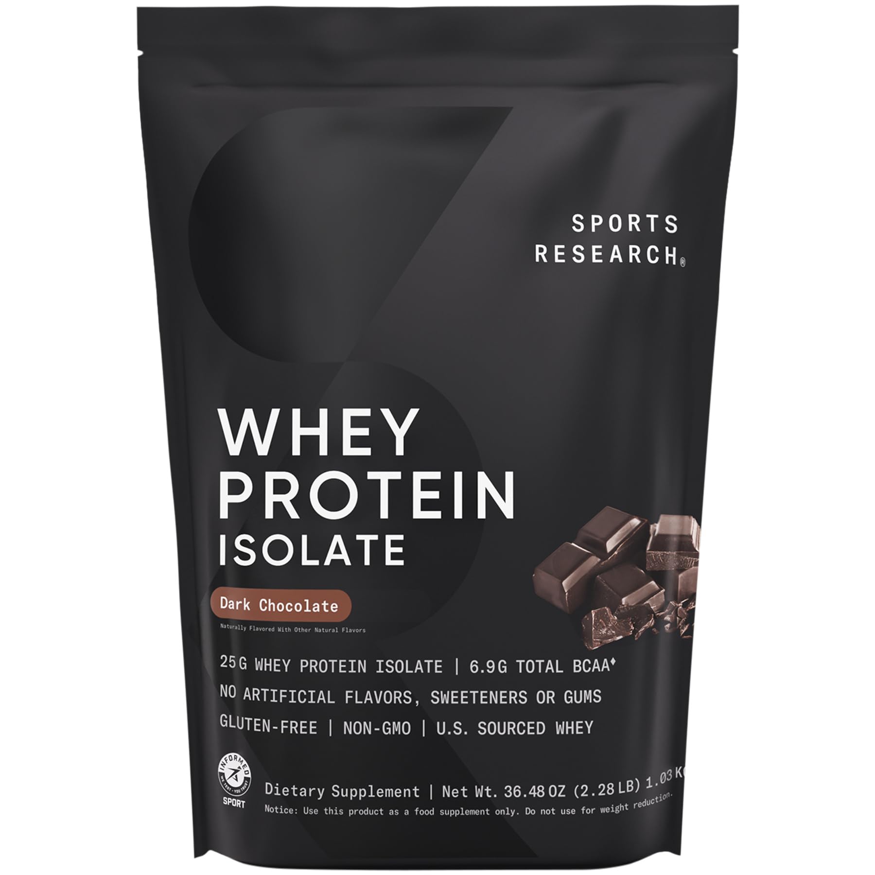 Sports Research frente del envase mostrando 25 g proteína y sabor dark chocolate