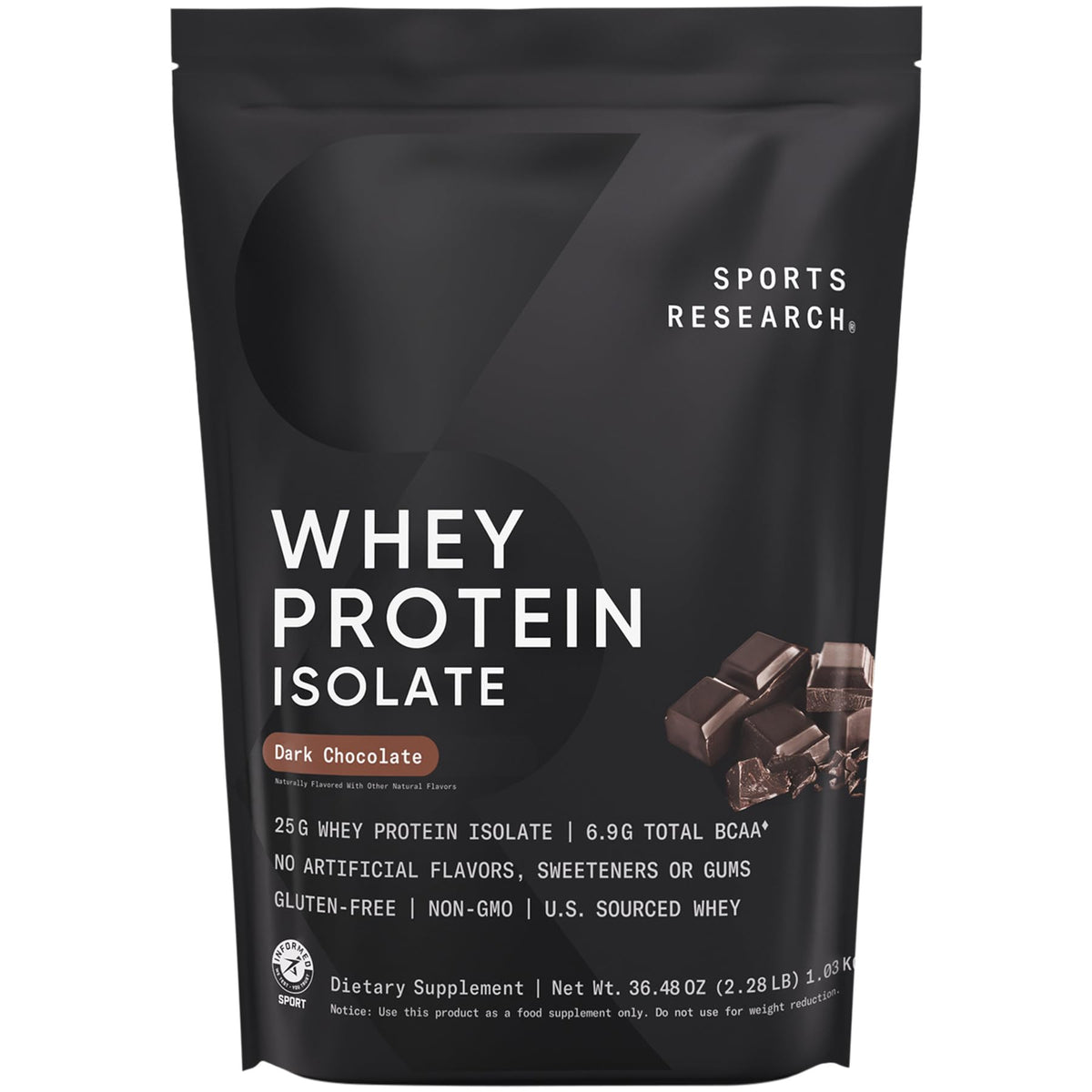 Sports Research frente del envase mostrando 25 g proteína y sabor dark chocolate