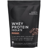 Sports Research frente del envase mostrando 25 g proteína y sabor dark chocolate
