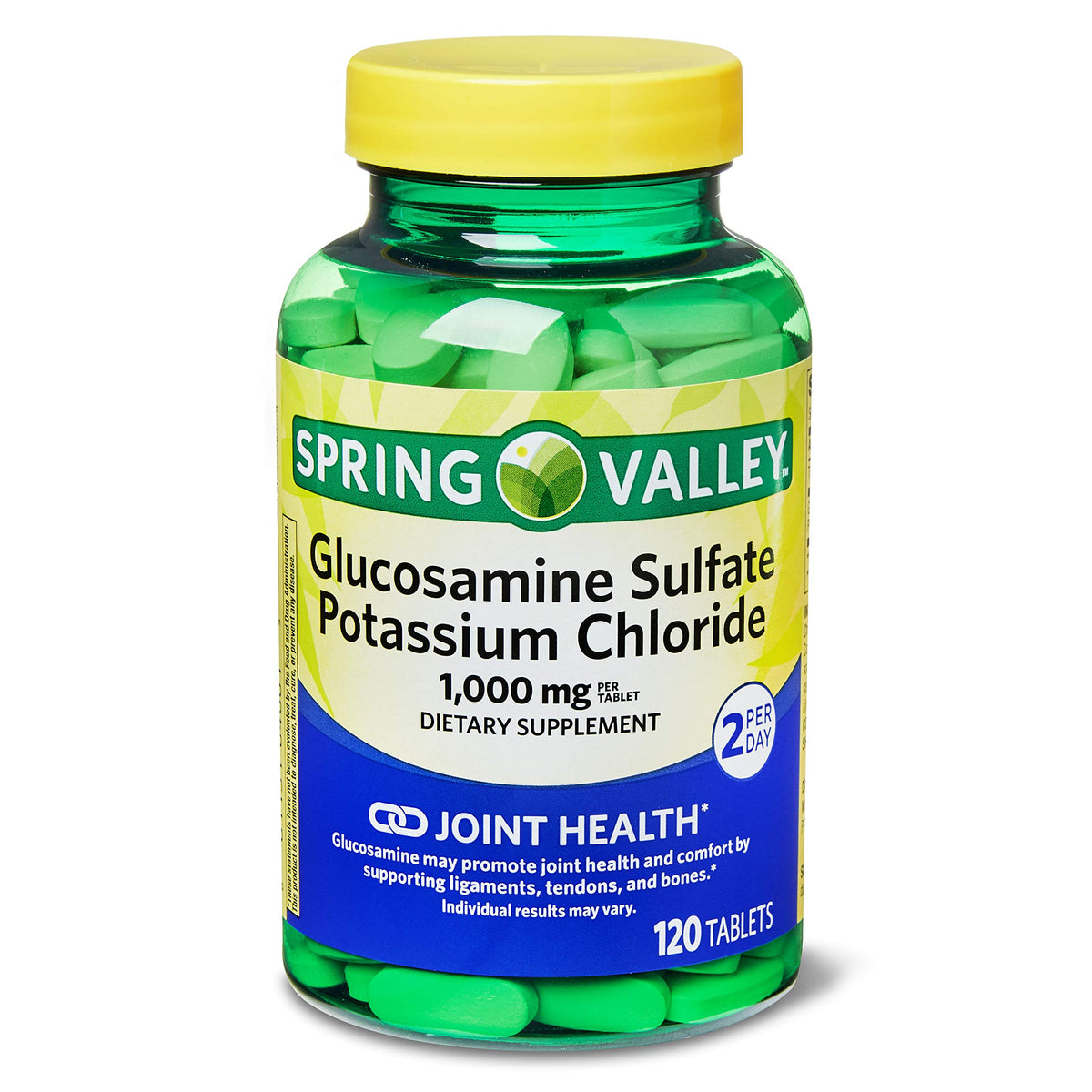 Spring Valley frasco delante mostrando etiqueta y cantidad, fácil identificación del producto
