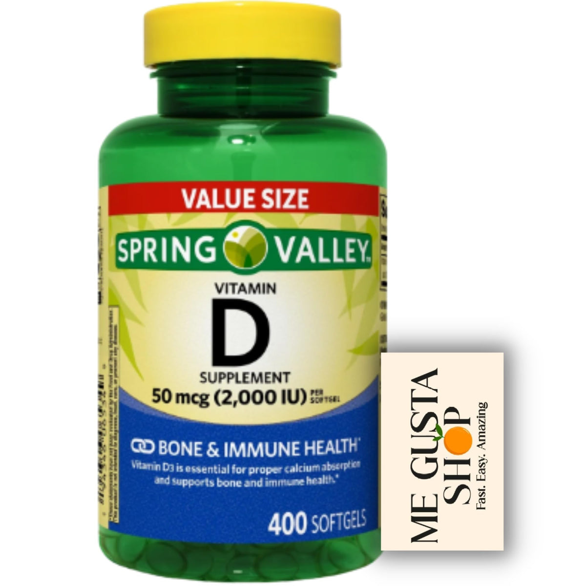 Spring Valley frasco delante mostrando cantidad y dosis, confianza y ahorro