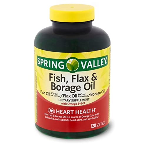 Spring Valley frasco frontal mostrando 120 softgels y aporte de omegas