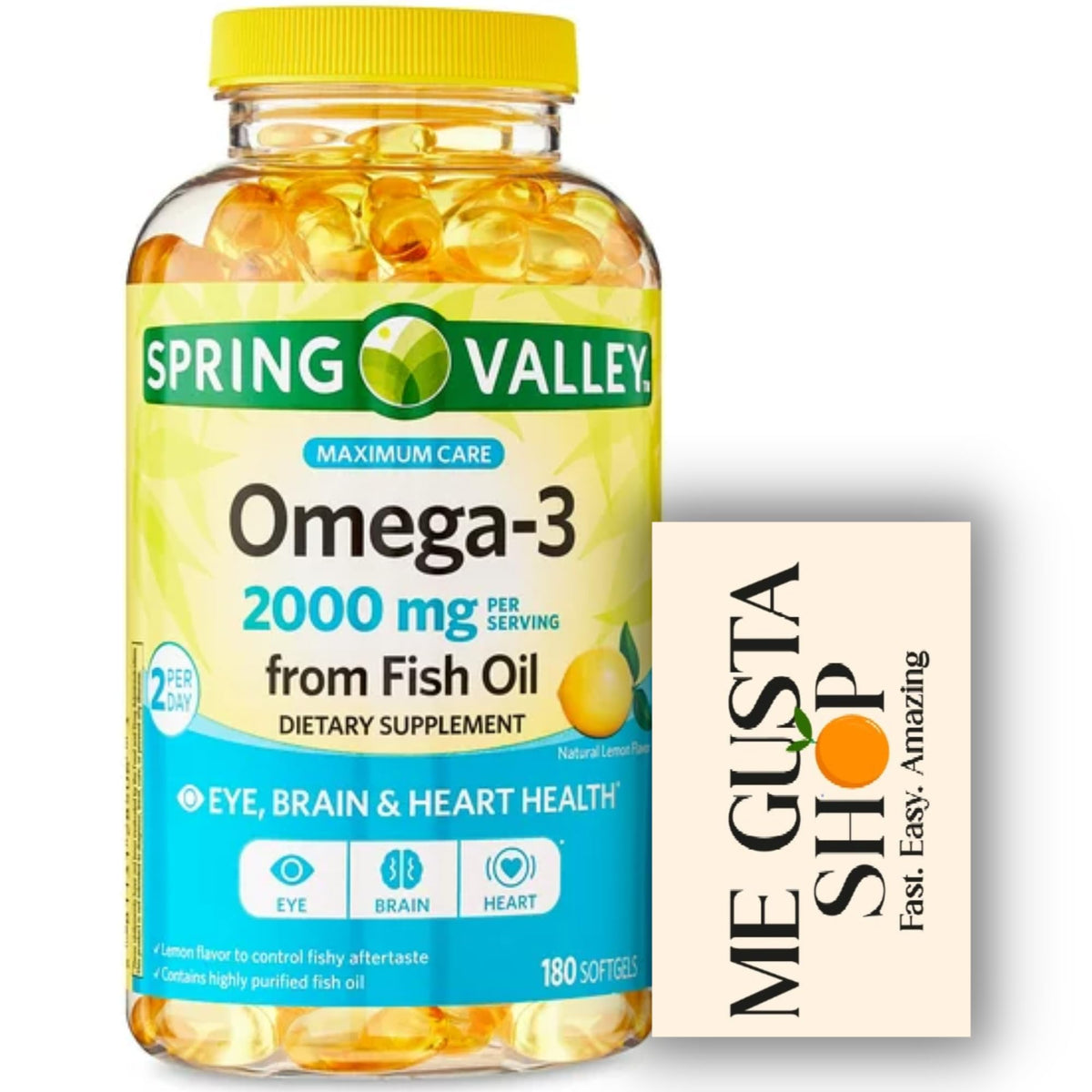 Spring Valley frente del envase mostrando 180 softgels y marca ME GUSTA SHOP beneficio conveniencia