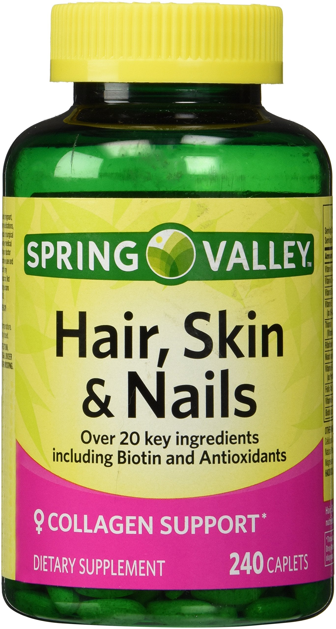Spring Valley envase frontal 240 caplets mostrando información y beneficio de soporte para cabello, piel y uñas