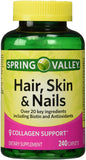 Spring Valley envase frontal 240 caplets mostrando información y beneficio de soporte para cabello, piel y uñas