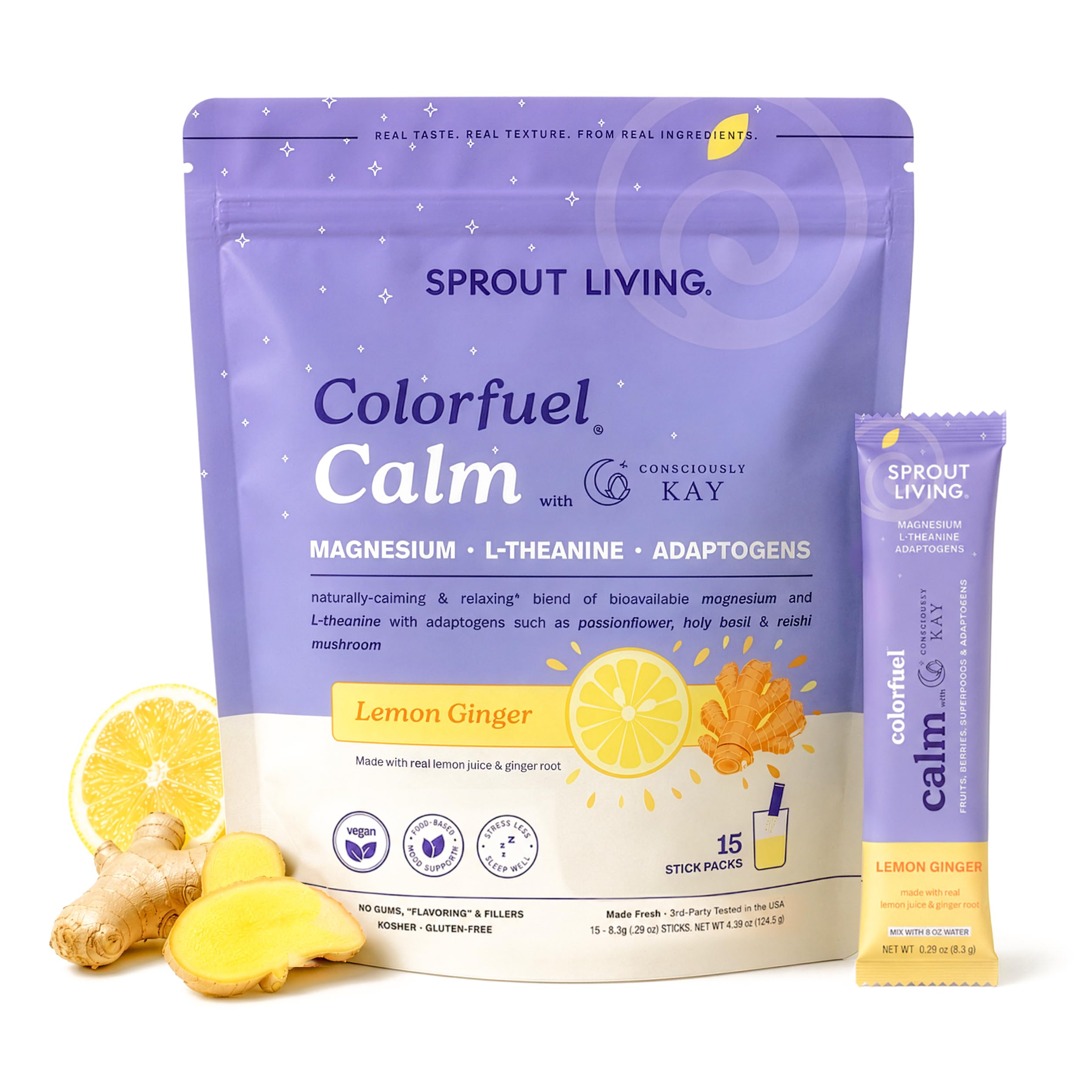 Sprout Living frente del empaque mostrando sticks y beneficios