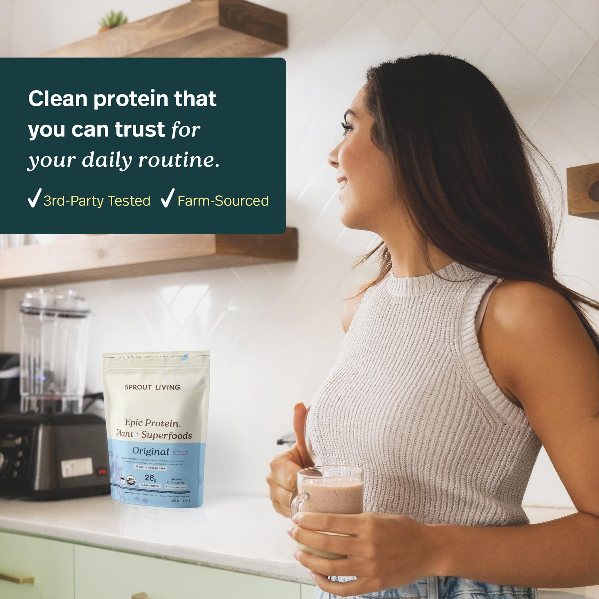 Sprout Living cuchara con porción que ilustra 26 g de proteína
