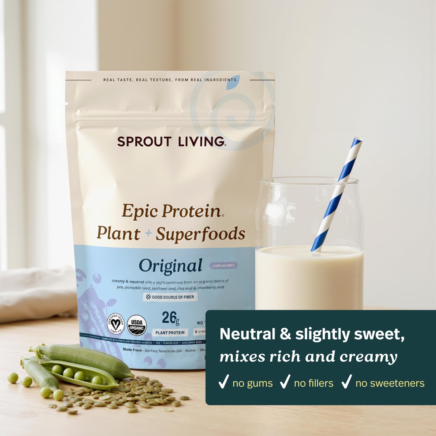 Sprout Living grosor y escala comparativa del envase junto a objetos cotidianos para referencia