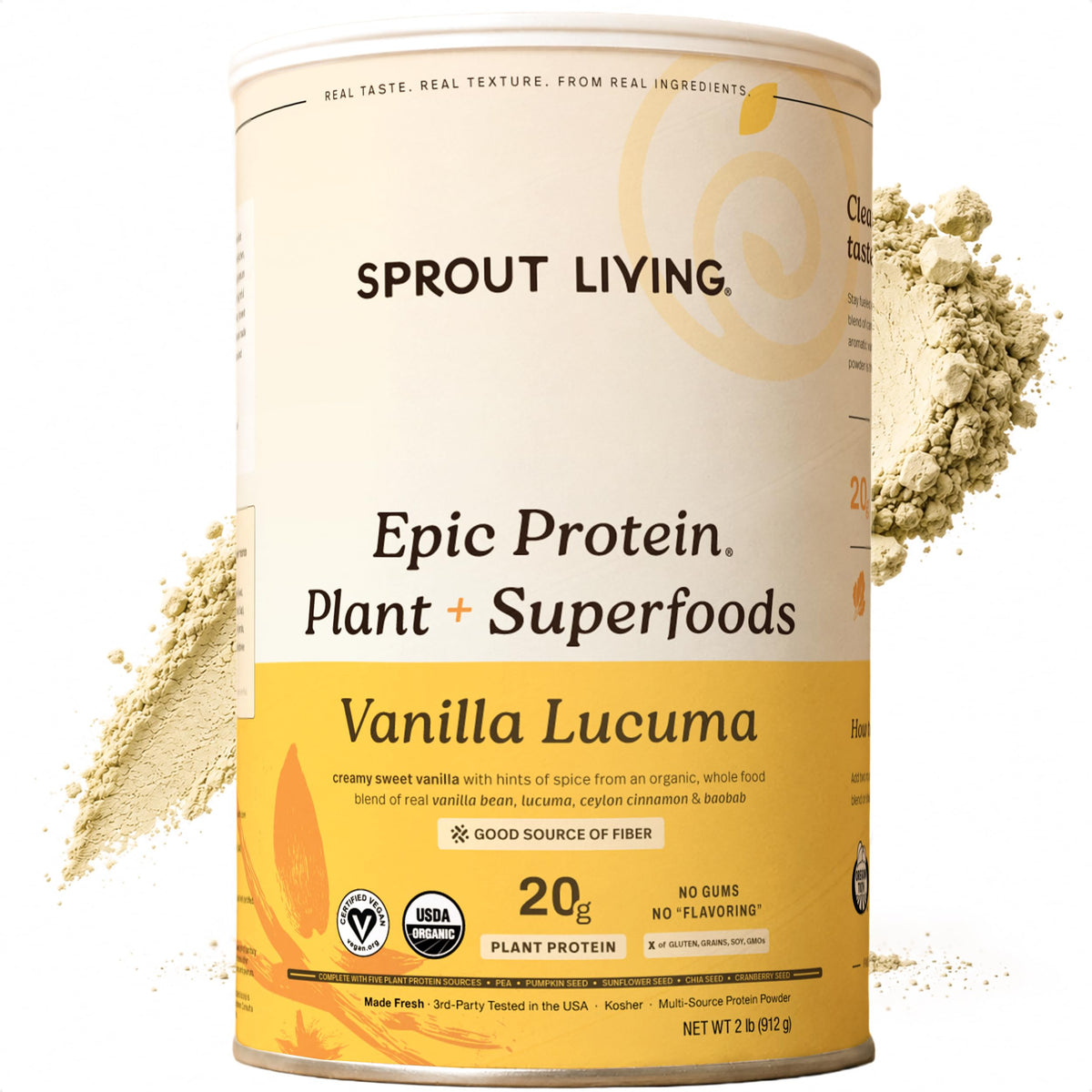 Sprout Living envase frontal mostrando marca y beneficio proteína completa