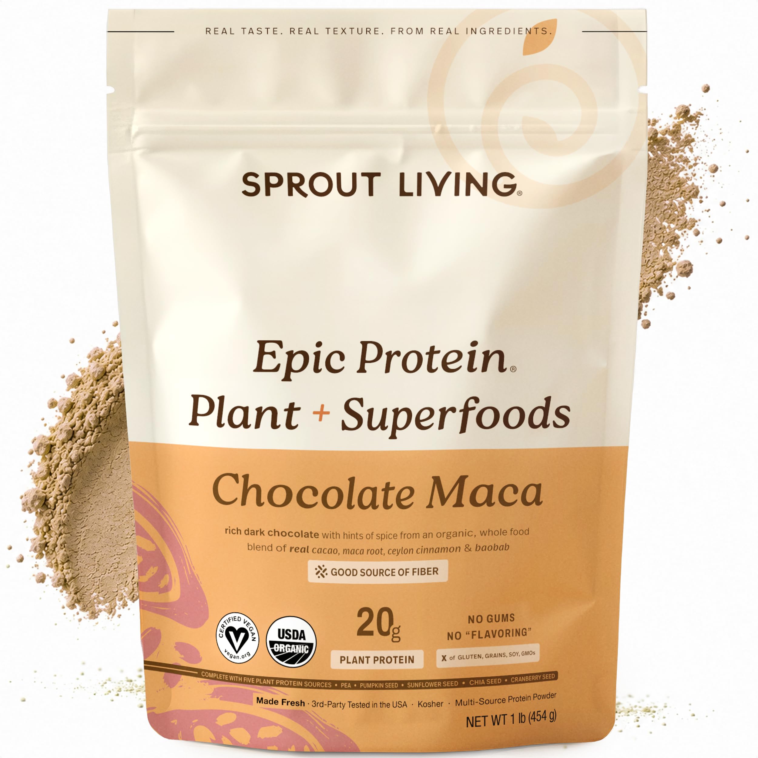 Sprout Living envase frontal con sabor chocolate maca y beneficios proteicos