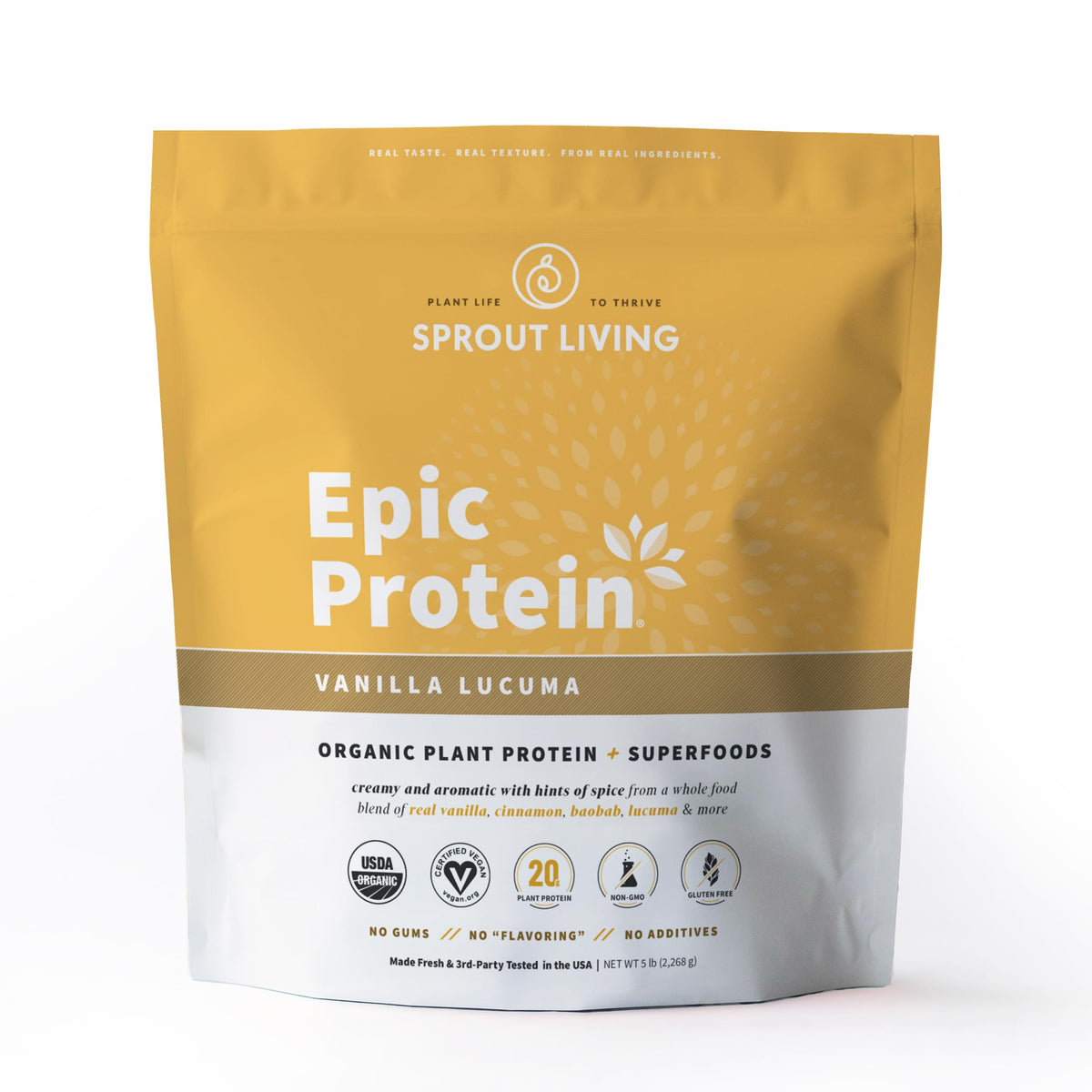 Sprout Living bote frontal mostrando etiqueta limpia y beneficios