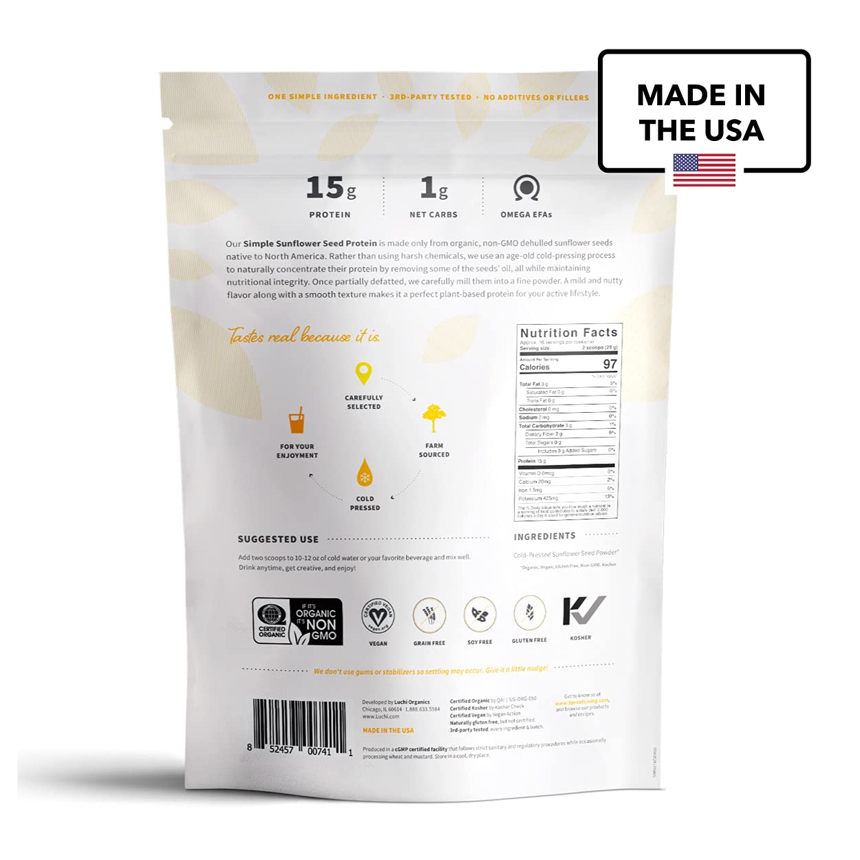 Sprout Living etiqueta con lista de ingredientes limpia y orgánica