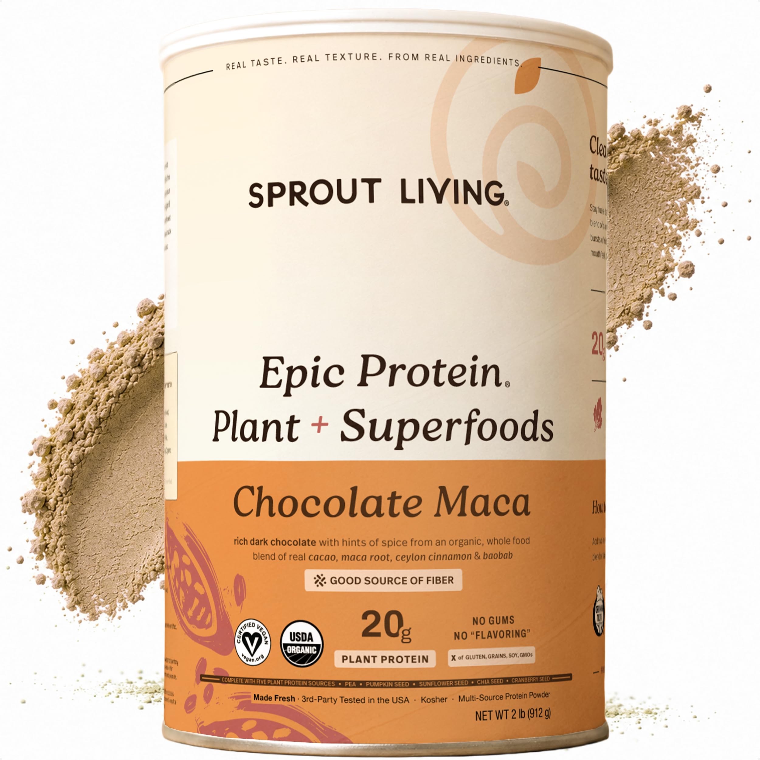 Sprout Living frasco frontal Chocolate Maca, aspecto limpio y confiable